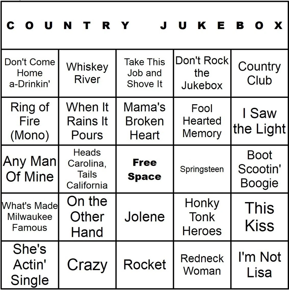 100 tarjetas de bingo de música Country Jukebox impresas y laminadas con listas de reproducción Foto 1 de 1