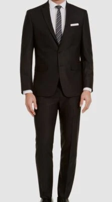 $395 Van Heusen Men's Black Herringbone Slim-Fit 2-Piece Suit Jacket Pants 44R - Image 1 of 4