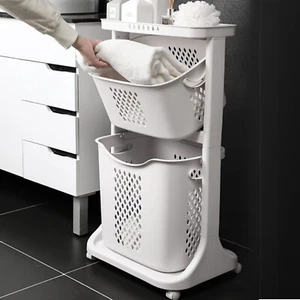2 Tier Laundry Hamper Basket Sorter Clothes Storage Organizer Shelf Rolling Cart - Picture 1 of 13