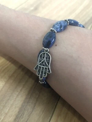 Sodalite Citrine Natural Gemstone Hamsa Charm Protection Bracelet Silver Plated - Image 1 of 3