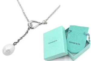 Tiffany & Co. Necklace Faux Pearl Open Teardrop Lariat Silver 925 W/ Box Poach - Picture 1 of 6