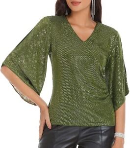 GRACE KARIN Womens Sequin Tops 3/4 Sleeve Glitter Sparkly Party Blouse V-Neck Dr