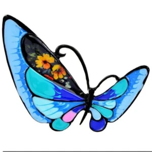 Butterfly Curved Enamel Blue Tone 2.2"x2.3" Floral Print Metal Pin Brooch V-3560 - Picture 1 of 5