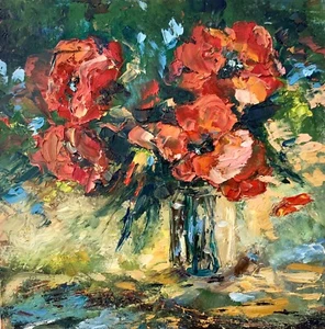 Poppy Oil Painting Floral Original Art 16X16" Impasto Painting Flowers Art - Picture 1 of 7