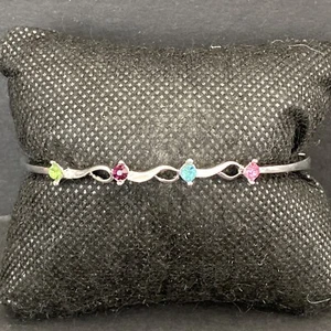 Pulsera Vintage Delgada Pequeña Banda Plateada Estrás Multicolor Ligera Chic - Imagen 1 de 8