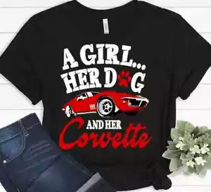 A Girl Her Dog And Her Corvette Dog Mom Cute T-shirt - Picture 1 of 8