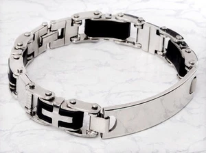 316L Stainless Steel & Silicone Bike Chain Style ID Tag Bracelet Cuff Wristband - Picture 1 of 3