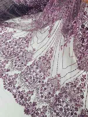 Plum Beaded Fabric By The Yard, Luxury Geometric Design Beads and Sequins - Image 1 of 4