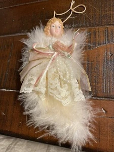Angelo natalizio vittoriano shabby chic ornamento piume rosa rosa fatto a mano - Foto 1 di 2