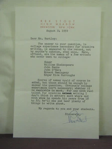 Carta mecanografiada/firmada del autor de misterio Rex Stout, 24 de agosto de 1959 - Imagen 1 de 4