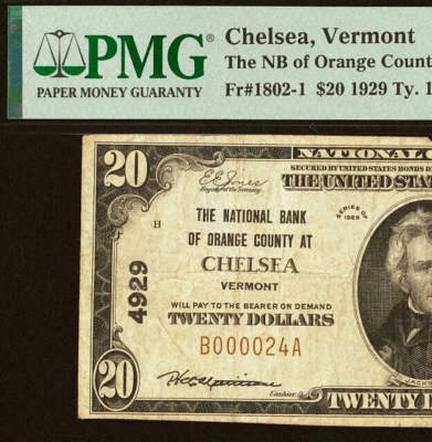 1929 $20 National Bank Chelsea, Vermont CH# 4929 - PMG 20 - Low Serial Number 24 - Image 1 of 3