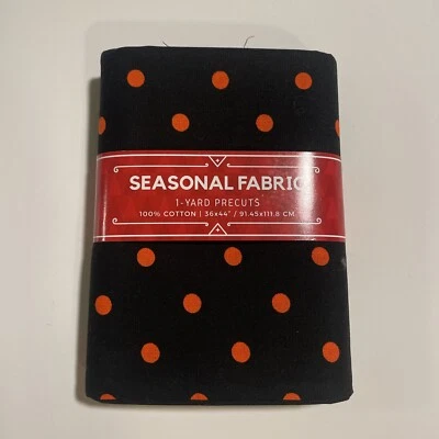 Orange Polka Dots On Black Cotton Halloween Precut Yard. New - Image 1 of 2