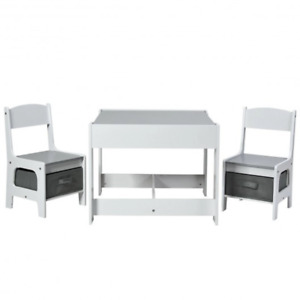 Kids Table Chairs Set w/ Storage Boxes Blackboard Whiteboard Drawing Home Grey