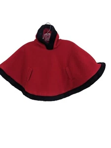 Girls 4T Vintage 90s Hooded Cape Poncho Red Fleece Faux Fur Trim Armholes Warm - Picture 1 of 4