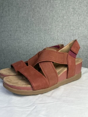 Earth Origins Carren Leather Strappy Wedge Sandal Brick Rust Red Orange Brown 8 - Image 1 of 4