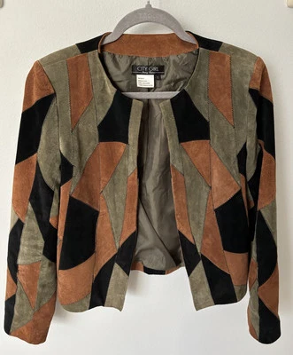 Chaqueta forrada de gamuza City Girl de Nancy Bolen geométrica vintage talla pequeña Foto 1 de 4