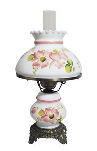Vintage Hurricane Lamp White with Pink Floral Flowers 16 1/2" - 19" Tall - Picture 1 of 13