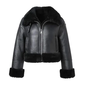 Damen Fliegerjacke schwarz Lammfell echtes Lammleder Bomber RAF Style - Bild 1 von 6
