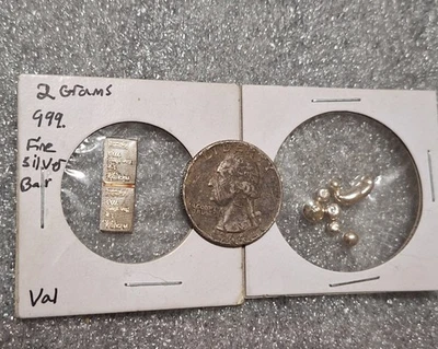 Junk Silver Lot, (x2)Silver 1 Gram Bar, Silver Quarter 1964, Silver Shot - Image 1 of 4