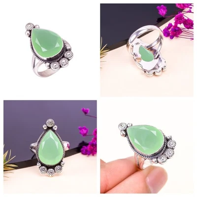 Anillo con halo de gema de calcedonia verde aguamarina de plata esterlina 925 para mujer joyería de moda AA Foto 1 de 4