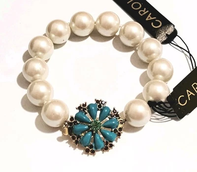 Carolee Chunky Faux Pearl Bracelet For Larger Wrist 8-1/4" Enamel Crystal Clasp - Image 1 of 4