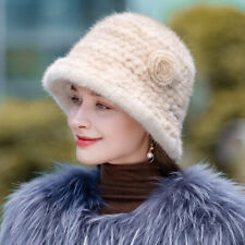 Women's Real Mink Fur Hat Knitted Bucket Hat Winter Cap Beanies Outdoor Warm Hat