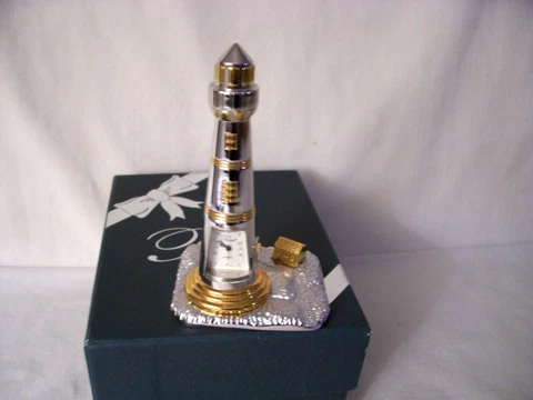Platinum Miniature Lighthouse Desk Table Clock Two Tone Gold & Silver NIB Cover