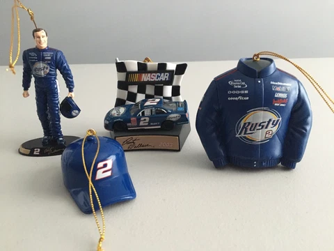 Assorted RUSTY WALLACE NASCAR 2003 Christmas Ornaments Jacket/Hat/Car/Figure Cover