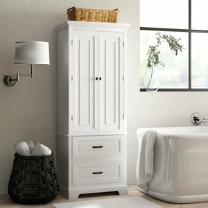 White Finish Linen Tower Bathroom Towel Storage Cabinet Tall Wooden Organizer - Picture 1 of 6