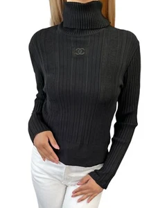CHANEL Vintage 05A CC Logo Turtleneck Sweater Top #42 Black Mesh Long Sleeve - Picture 1 of 13