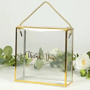 25 GOLD CLEAR Trimmed 8" x 8" PVC Favor Boxes with Rope Handles and Thank You - Picture 1 of 7