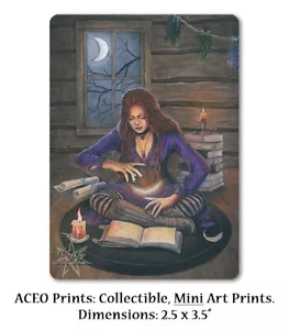 Gothic Fantasy Art ACEO PRINT Witch Witchcraft Spell Book Magic Candles Moon - Picture 1 of 3
