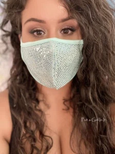 NEW Made in USA UNISEX MINT GREEN SEQUIN BLING FASHION FACE MASK FILTER POCKET - Picture 1 of 2