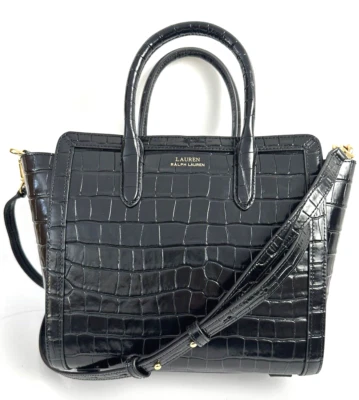 LAUREN Ralph Lauren Crocodile Embossed Leather Medium Tote Bag Black NEW - Image 1 of 4