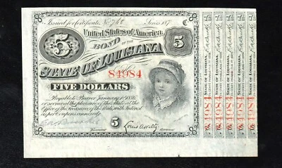 🇺🇸 USA $ 5 Five Dollars 1871-1877 ( 1880 ) UNC* Baton Rouge State of Louisiana - Image 1 of 2
