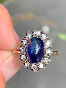 14ct gold diamond cabochon sapphire cluster ring antique - Picture 1 of 8