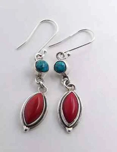 4.70Gm 925 Sterling Silver Lab Created Coral &Turquoise Cut Earring 1.8" M-729 - Picture 1 of 1