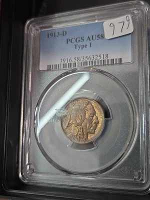 1913 D Tipo 1 Buffalo Nickel, graduación profesional AU58, afilado y brillante, ¡fecha temprana resistente! Foto 1 de 2