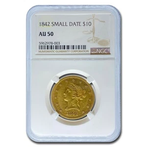 1842 $10 Liberty Gold Eagle AU-50 NGC (Small Date) - Picture 1 of 3