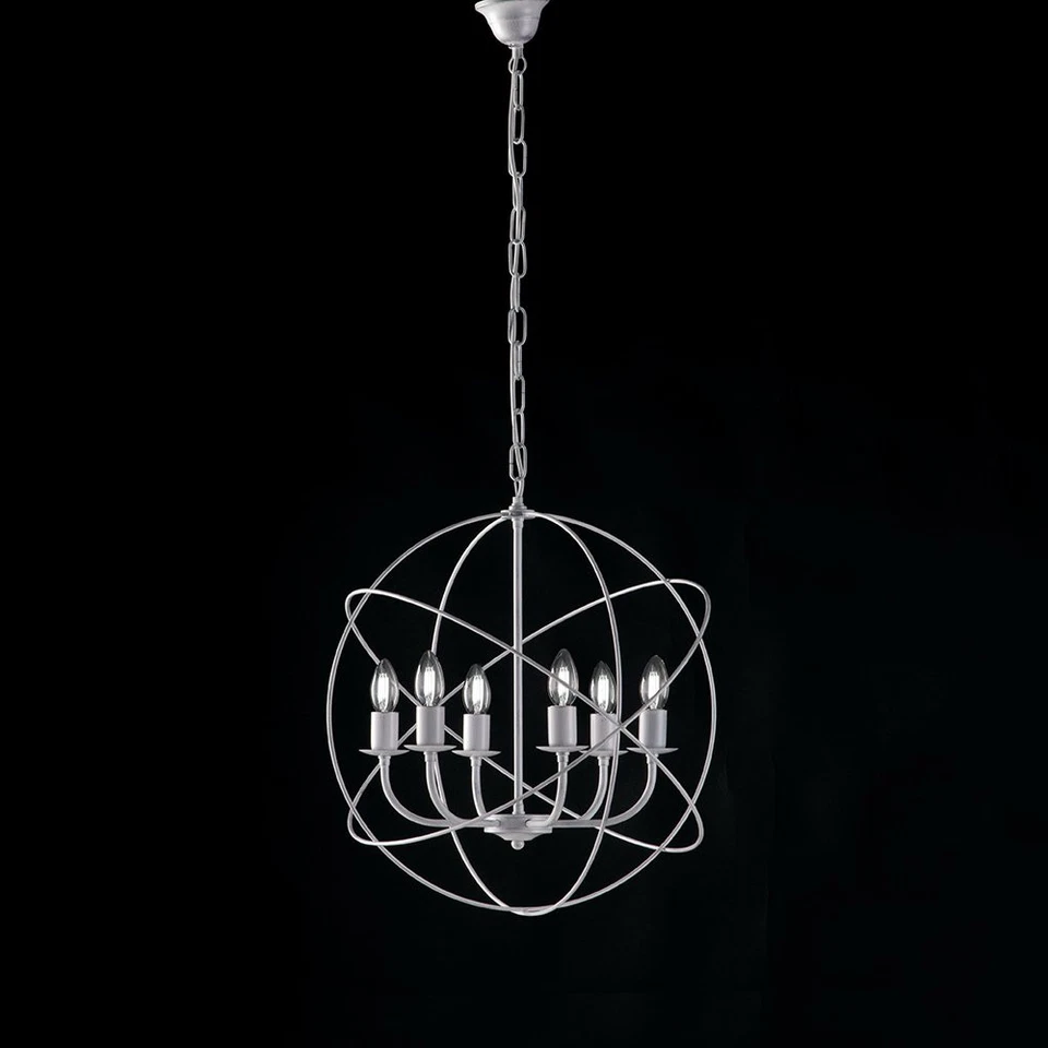 Lampadario A Sospensione 6 Luci Sfera Ferro Bianco E Argento Serie Williams - Immagine 1 di 2
