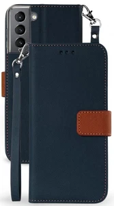 Marine / Marron Étui Portefeuille Crédit Carte Cordon pour Samsung Galaxy S21+5G - Photo 1 sur 8