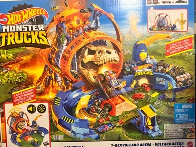 NIB - Hot Wheels Monster Trucks T-Rex Volcano Arena XL Set 2 New Cars GYL14-9565 - Image 1 of 4