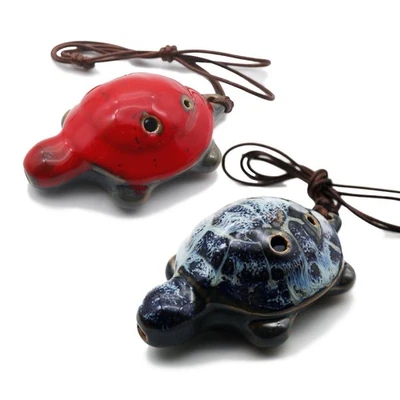 Paquete de 2 instrumentos de cerámica Ocarina Alto C en forma de tortuga de 6 agujeros rojo y azul Foto 1 de 4