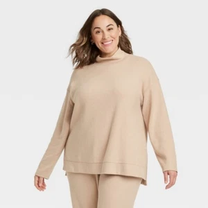 Women's Plus Size Long Sleeve Rib Turtleneck Tunic Ava & Viv Tan X (14W) - Picture 1 of 8