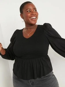 OLD NAVY Women's PLUS Size 4X Smocked Long-Sleeve V-Neck Blouse-Black - Picture 1 of 6