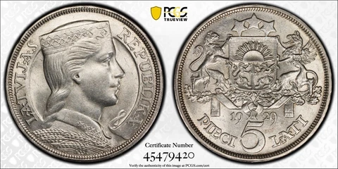 1929  5 LATI LATVIA (SILVER) KM#9  PCGS UNC DETAILS CLEANED #45479420 EYE APPEAL Cover