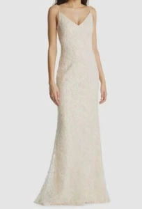 $288 Sho Women's Beige Corded Lace V Neck Sleeveless Body-Con Gown Dress Size 10 - Picture 1 of 5