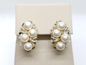 14k Yellow GoldWhite Pearl Diamond Omega Back Earrings - Picture 1 of 6