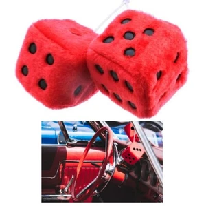 1 Pair Red Fuzzy Dice Vintage Car Plush Decor Hanging Rearview Mirror 2.7" Auto - Picture 1 of 14