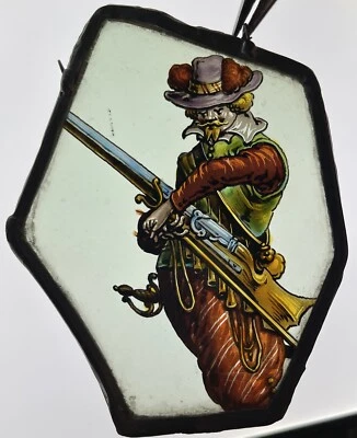 Antique Renaissance German Soldier Stained Glass Window Panel Man 19th Century - Image 1 of 3